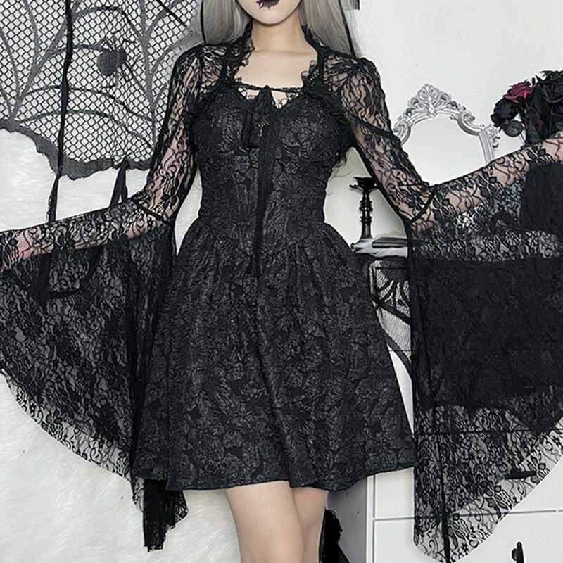 Women Lace Bell Sleeve Cardigan Elegant Vintage Black Lace T-shirt with Flared Sleeves Sexy See Through Smock Top for Women