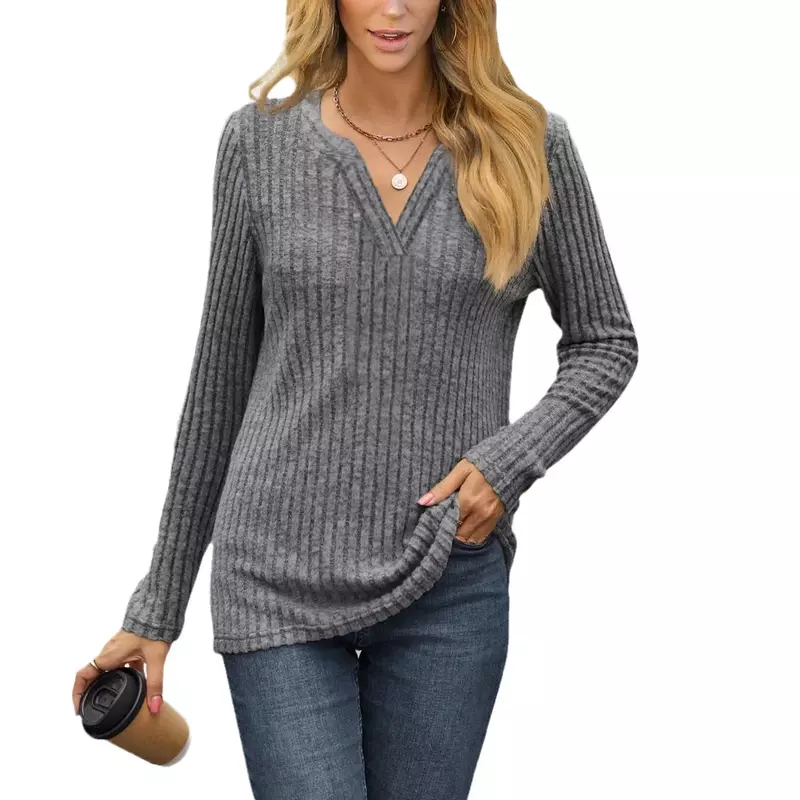 Kaus lengan panjang kasual leher V longgar wanita, atasan gaya Eropa Amerika musim gugur/musim dingin baru warna Solid YBF43-3 2024