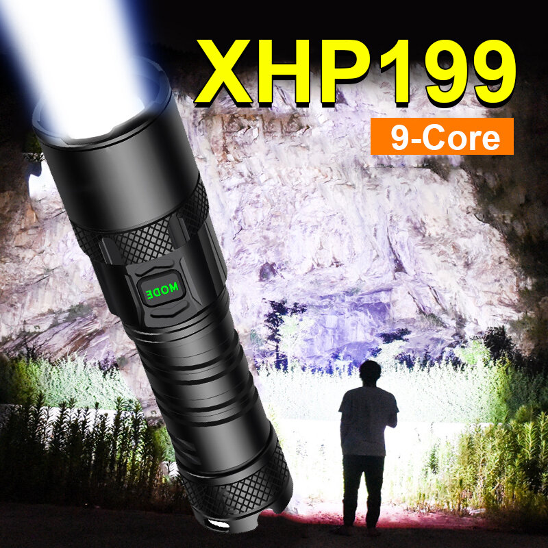 Супер мощный яркий светодиодный фонарик XHP199, перезаряжаемый светодиодный фонарик светильник hp160 XHP90, высокомощсветильник фонарик 18650, тактический фонарь