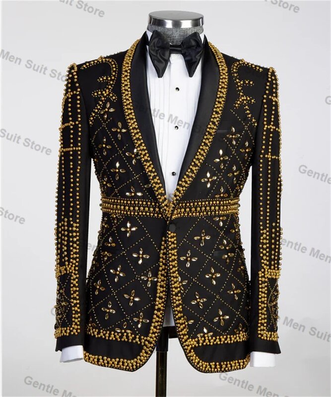 Golden Crystals Groom Men Suits Set 2 Piece Blazer+Pant Wedding Tuxedo Coat Tailored Made Formal Office Jacket Outfit Trousers