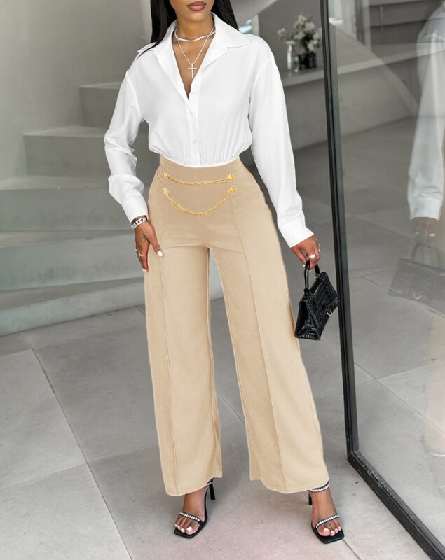 2024 Spring Women Causal Work Trousers Solid Color Chain Decor High Waist Wide Leg Pants Fashion Office Lady Elegant Loose Pants