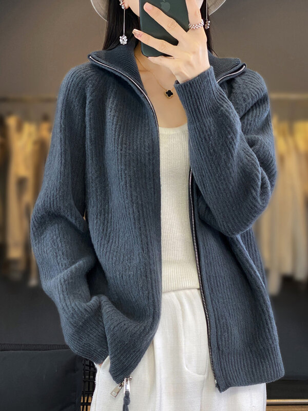 Suéter de cachemira con cuello vuelto para mujer, prendas de punto de lana merina con cremalleras, cárdigan de lana informal, estilo suelto, otoño e invierno, 100%