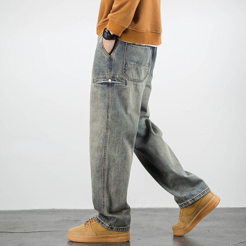 Джинсы мужские Стрейчевые с эффектом потертости, винтажные брюки в ковбойском стиле, свободные прямые мешковатые дизайнерские штаны в стиле ретро, повседневные готические брюки, Xs
