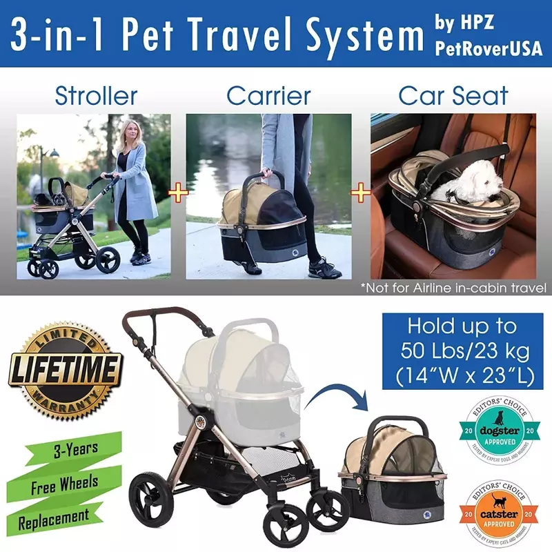 HPZ Pet Rover Prime 3-in-1 Luxury Dog Cat Pet Stroller for Medium & Small Pets (Travel Carrier +Car Seat +Stroller)