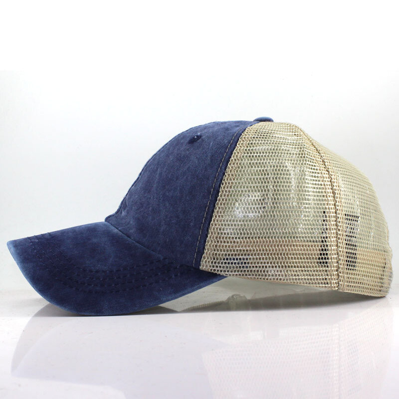 ผู้ชายแฟชั่นหมวกเบสบอลระบายอากาศได้ดีสำหรับผู้หญิงหมวกแก๊ปกีฬาหมวกคอตตอนฟอกสีหมวกแบบตาข่ายแท้