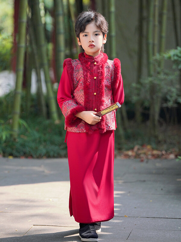 Зимний новый улучшенный костюм ханьфу для мальчиков в китайском стиле Красное Новогоднее поздравительное платье для девочек длинный халат с бархатным и теплым дизайном