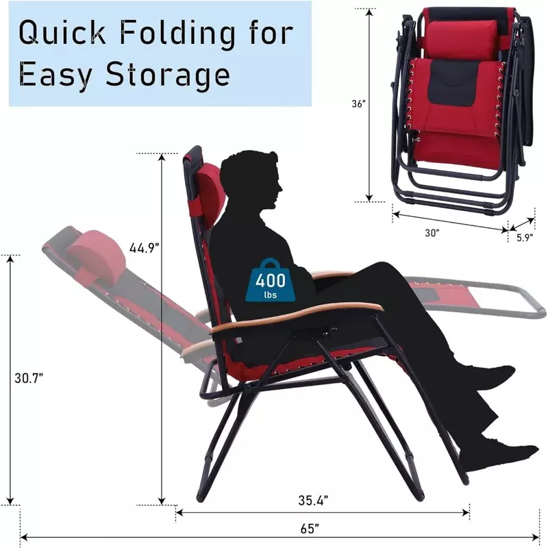 Folding Garden Lounger, Folding Beach Chair, Lounge Deck Chair, Patio Recliner, Suporte 400 LBS, Vermelho, Conjunto de 2