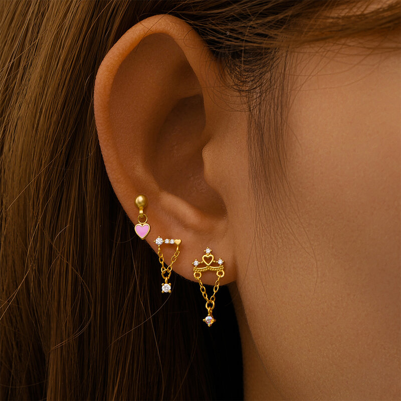 LENNIK 1PC 925 Sterling Silver Puncture Earrings Love/Crown Color Diamond Zircon Women Tassel Chain Earring Fine Jewelry Gift