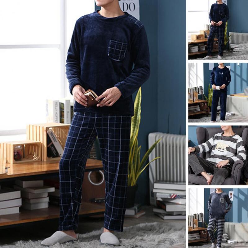 Plus Size Pajama Set Men's Winter Pajamas Set with Round Neck Long Sleeve Thick Elastic Waist Soft Pockets 2 Piece for Warmth