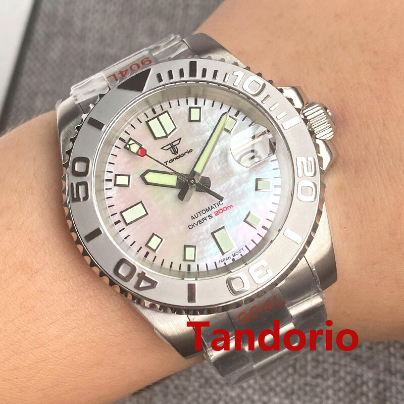 Tandorio 40มม.Mother Of Pearl Dial Sapphire คริสตัล NH35A นาฬิกาข้อมือบุรุษนาฬิกาข้อมือสำหรับผู้ชายวันที่20ATM กันน้ำสีดำ Bezel Lume