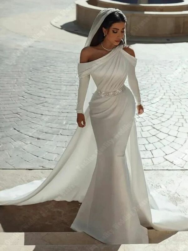 Wysokiej jakości satyna powierzchniowe suknie ślubne prostota Deep V Mopping długość syrenka suknia ślubna owinąć pośladki Vestidos De Novia