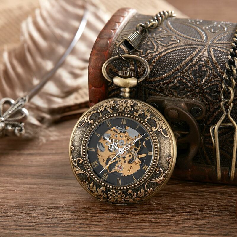 Nowy 2 strony otwarty prezent rzeźba mechaniczny zegarek kieszonkowy mężczyźni kobiety Fob ręcznie nakręcany podwójne Hunter cyframi rzymskimi
