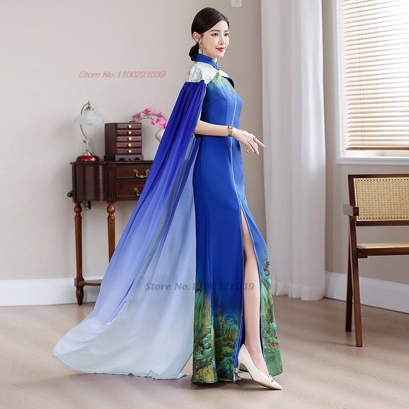 Gaun tradisional Tiongkok 2024, Gaun malam perjamuan cetak bunga nasional cheongsam ditingkatkan dengan gaun jubah qipao