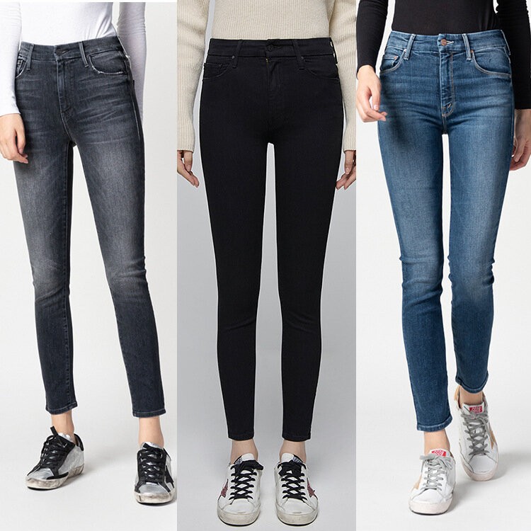 Jeans jeans fino de cintura alta feminino, comprimento do tornozelo, elástico alto, moda casual