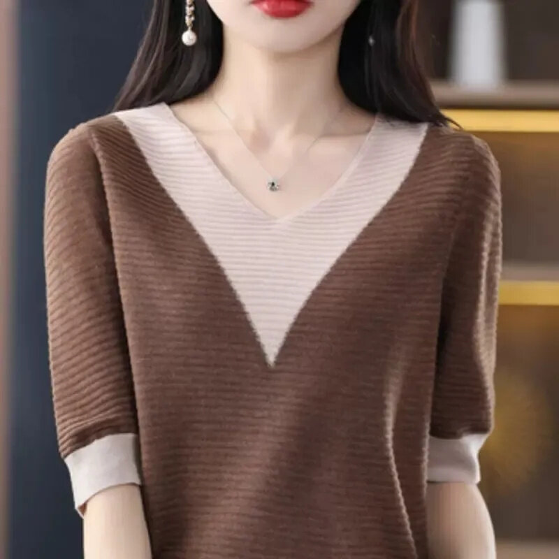 Suéter de cuello alto para mujer, Jersey de punto cálido de manga corta con cuello en V, camisa de fondo a la moda, Otoño e Invierno