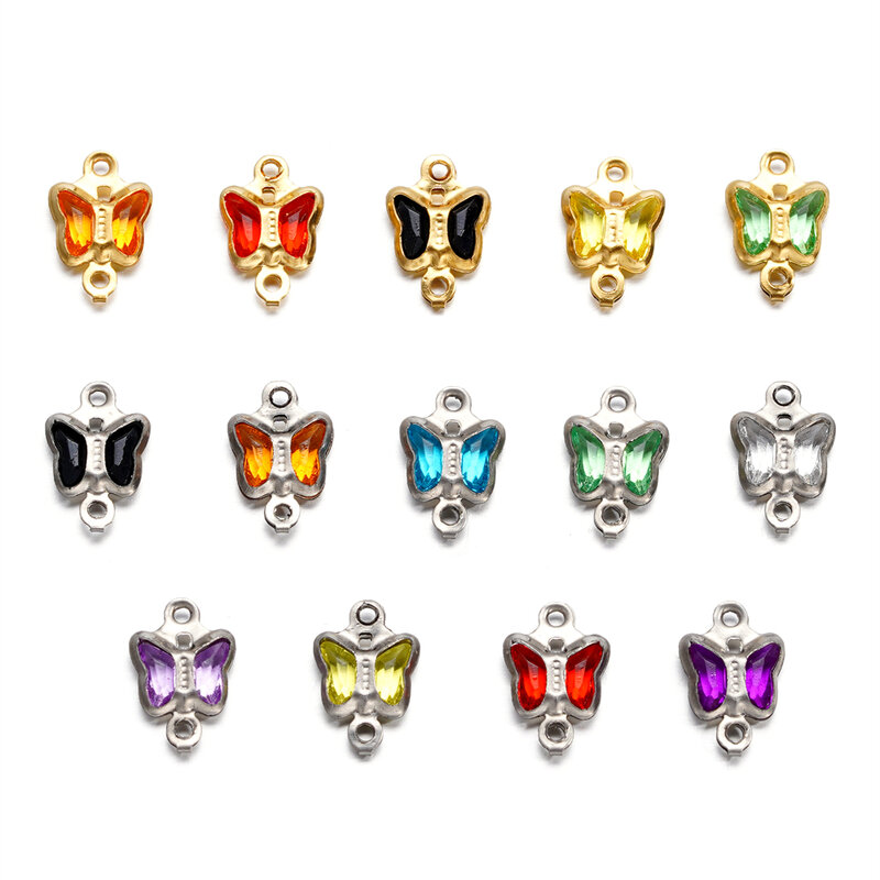 Double Holes Butterfly com Strass, aço inoxidável, pulseira, colar, pingentes, conectores para fazer jóias DIY, 7mm, 10pcs