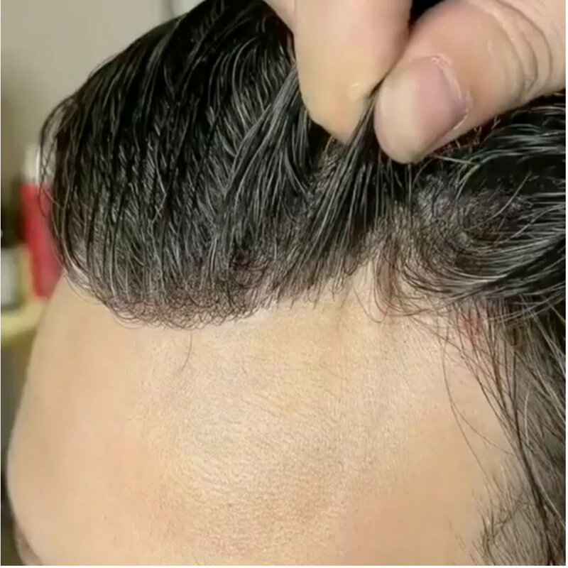 Peluquín Invisible con piel ultrafina para hombres, peluquín humano negro Natural, sistema de reemplazo de peluca, 0,02mm