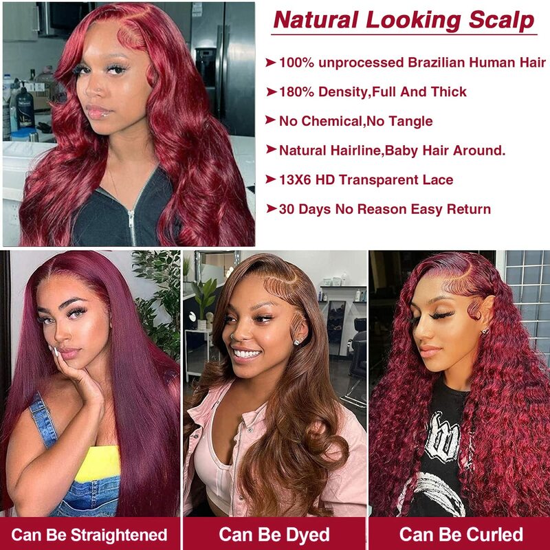13x6 Burgundy Lace Front Wigs Human Hair Red Colored Body Wave Human Hair Wigs Human HairPre Plucked 99j Body Wave