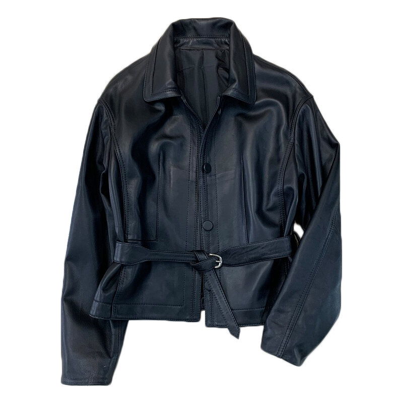 Abrigo de piel de oveja auténtica para mujer, chaqueta de piel auténtica con solapa, botonadura única, cinturón, ajustado, color negro, primavera y otoño, novedad de 2024