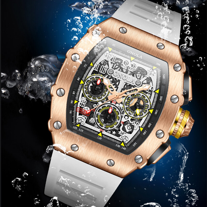 Relógios de aço inoxidável de luxo para homens, Tonneau Fashion, Sport Chronograph, Quartz Wristwatch, Relógio Original de Alta Qualidade
