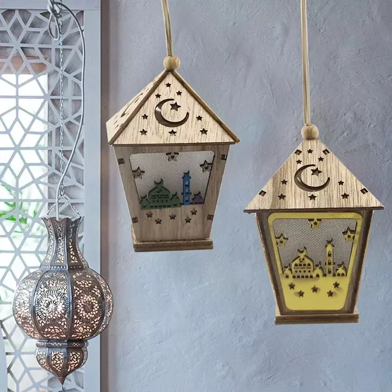 1 buah lampu gantung Lebaran rumah bulan Festival Muslim, lampu LED kayu untuk dekorasi pesta Islam mercusuar Istana