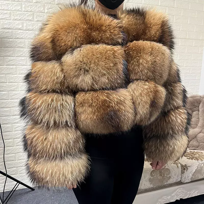 MAOMAOKONG 2024 натуральная женская зимняя Роскошная куртка с длинным рукавом из меха енота толстый Топ женское пушистое пальто жилет