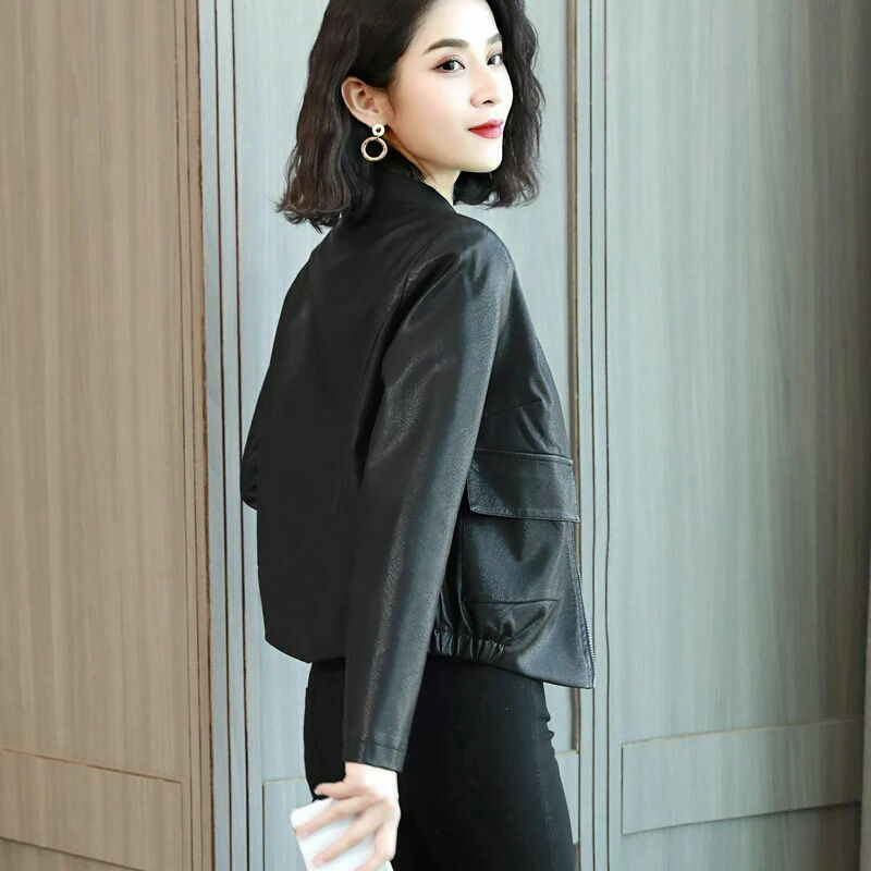Adicionar algodão/sem algodão curto preto jaqueta de couro feminino outono inverno coreano solto uniforme de beisebol casual falso jaqueta de couro 4xl