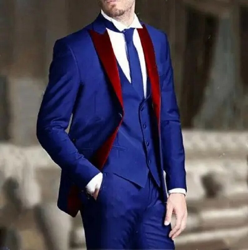 Królewskie niebieskie smokingi męskie dla pana młodego garnitury ślubne czerwone proste klapy drużba noszenia Slim Fit na studniówkę blezer na imprezę długie (kurtka + kamizelka + spodnie)
