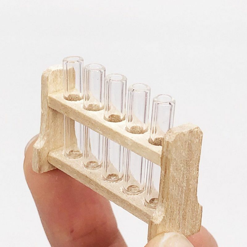 5 teile/satz Labor Glas Reagenzgläser mit Holz Rack Set 1:12 Puppenhaus Miniatur DropShipping