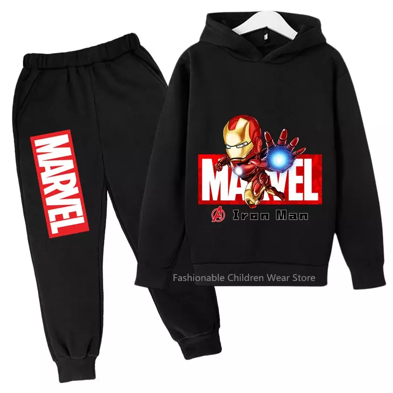 Marvel Set Hoodie dan celana bergaya Iron Man edisi Q-pakaian katun trendi sempurna untuk permainan kasual luar ruangan