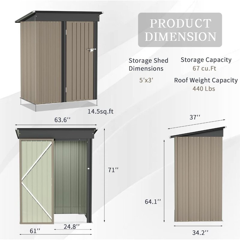 Metal outdoor storage shed 5FTx3FT,steel utility tool shed storage room with door and lock,used for backyard garden terrace lawn