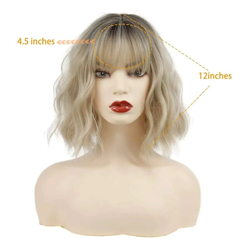 Short Curly Ash Blonde Bob Synthetic Wigs With Bangs Natural Hair Heat Resistant Black Red pink Hair Wigs for Women Cosplay