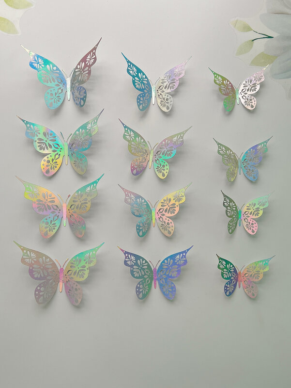 Stiker dinding kupu-kupu berongga 3D 12 buah, dekorasi kamar tidur ruang tamu rumah kertas kupu-kupu