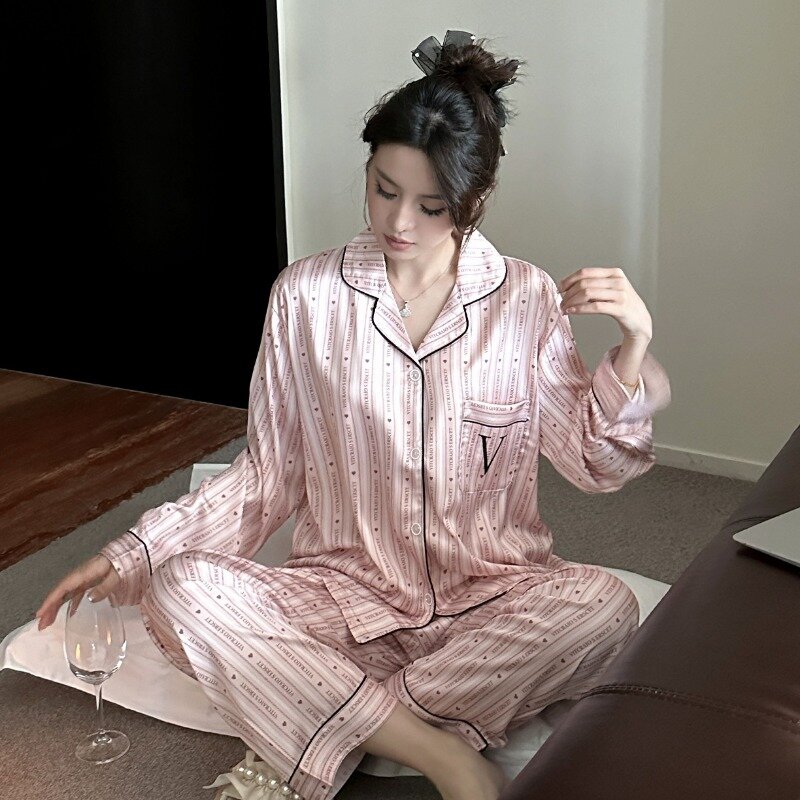 Conjunto de pijama feminino de mangas compridas, pijamas finos de alta qualidade, seda do gelo, nicho loungewear, Homewear solto com gola V, primavera, verão, novo