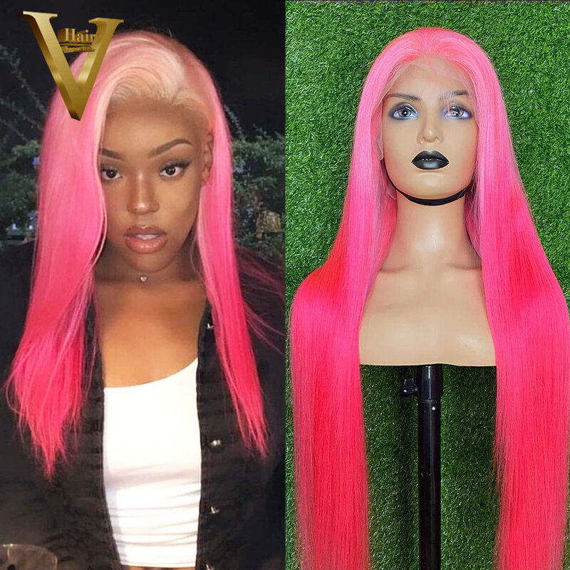 Wig merah muda gelap lurus tanpa lem untuk wanita 13X4 13X6 Wig depan renda transparan Wig rambut manusia Brasil garis rambut