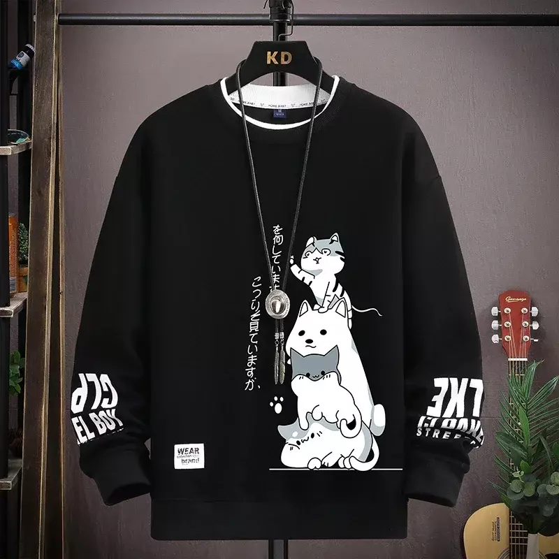 Felpa da uomo autunnale giappone Cartoon Cat Printed Top Harajuku High Street t-shirt a maniche lunghe Casual abbigliamento da uomo alla moda