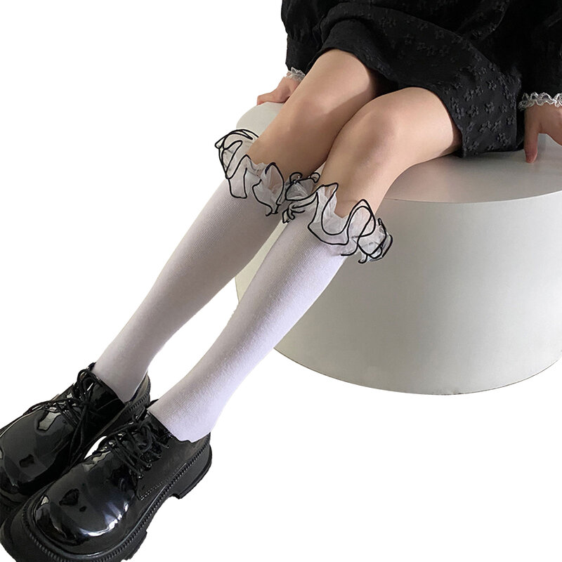 Black White Lolita Knee High Socks Womens Girls Organza Tiered Ruffle Frilly Elastic Breathable Socks Fashion Cosplay Stockings