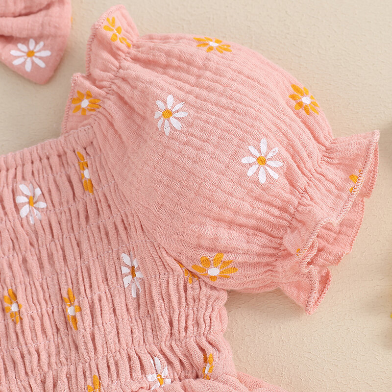 Bebê menina de manga curta macacão com bandana bonito, macacão estampado margarida, roupas de verão, conjunto de 2 peças