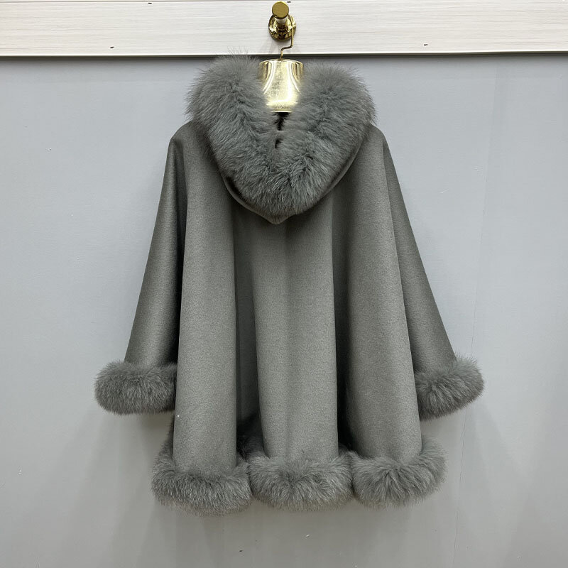 2023 nuovo inverno autunno Street Fashion donna lana giacca calda vera pelliccia di volpe collo mantello con cappuccio cappotto capispalla femminile moderna