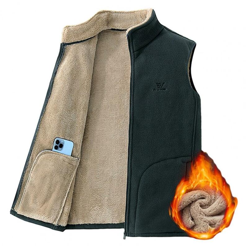 Soft Warm Men Vest Men Sleeveless Waistcoat Premium Men's Winter Vest Thick Plush Multi-pocketed Stand Collar Waistcoat for Cold