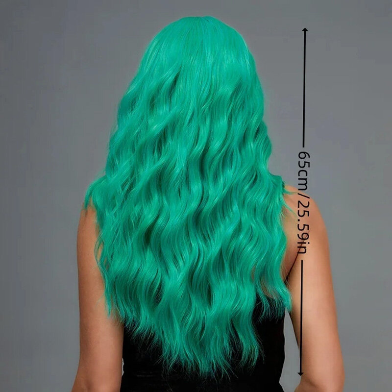 SNQP 여성용 긴 곱슬 합성 가발, 데일리 코스프레 파티용 녹색 가발, 내열성 섬유 통기성 머리띠 사용, 26 인치