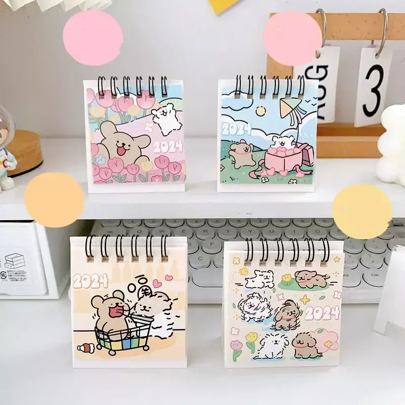 Mini calendrier de table de série de chiots de dessin animé mignon, petit calendrier de bureau portable, Kawaii, fournitures de bureau pour étudiants, 2024