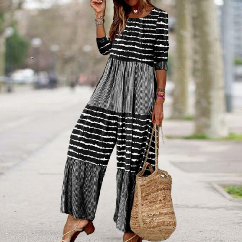 Women Fall Spring Jumpsuit Striped Color Matching Wide Leg Loose Long Sleeve Patchwork Ankle Length Deep Crotch Lady Jumpsuit