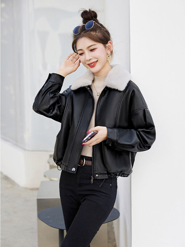 New Women Autumn Winter Casual Thicken Leather Jacket Fashion Warm Fur Collar Plus Velvet Loose Short Coat Split Leather Jacket