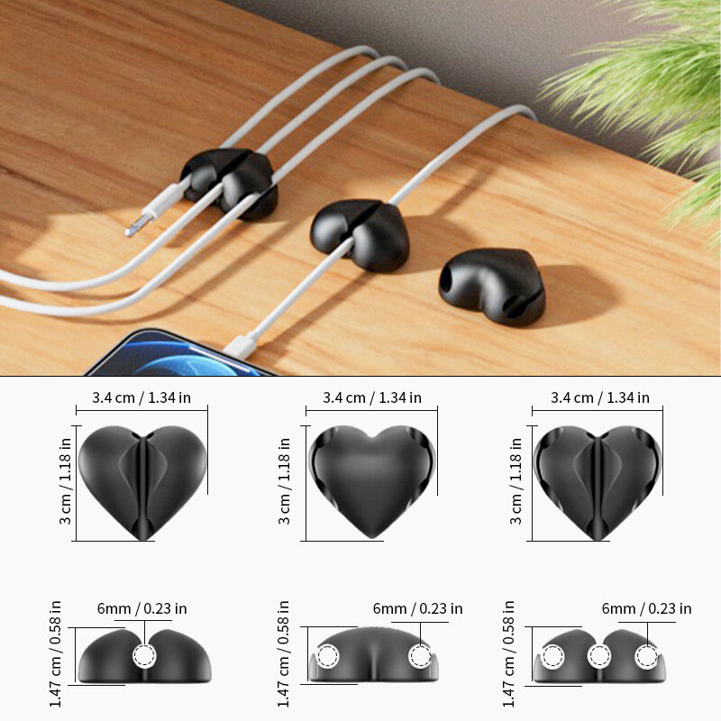 Silicone USB Cable Organizer Clips, Love Heart Shape, Data Cord, Charger Line Holder, Desktop, Tidy Wire Management Winder, Novo