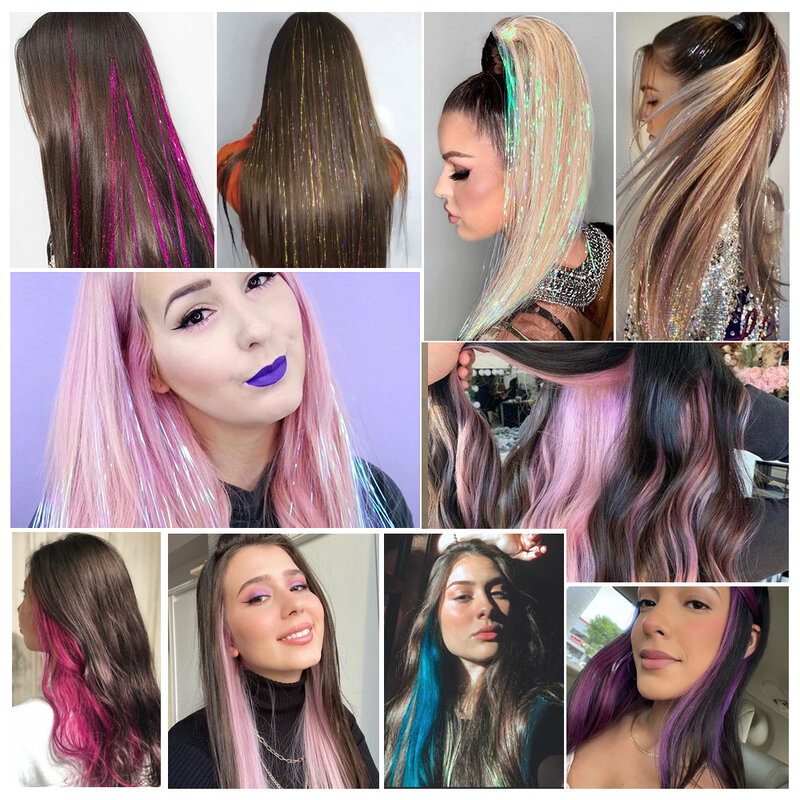 Tinsel-Extensión de cabello sintético brillante para mujer, extensión de cabello largo y liso, con purpurina holográfica, colorida, de seda láser