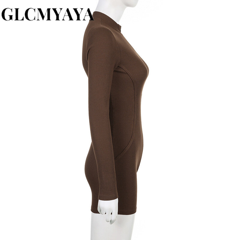 Женские модные повседневные однотонные комбинезоны GLCMYAYA с высокой талией и резьбой, облегающие комбинезоны с круглым вырезом и длинным рукавом, на молнии, 2023
