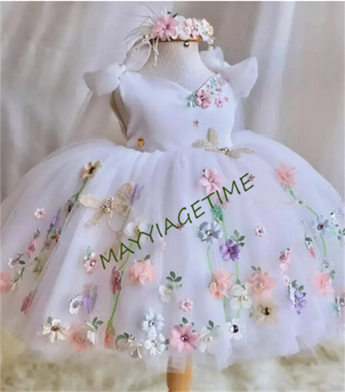 Flor branca menina vestido para crianças, flores 3D, vestidos pageant, vestido de aniversário Appliqued, photoshoot, festa de casamento