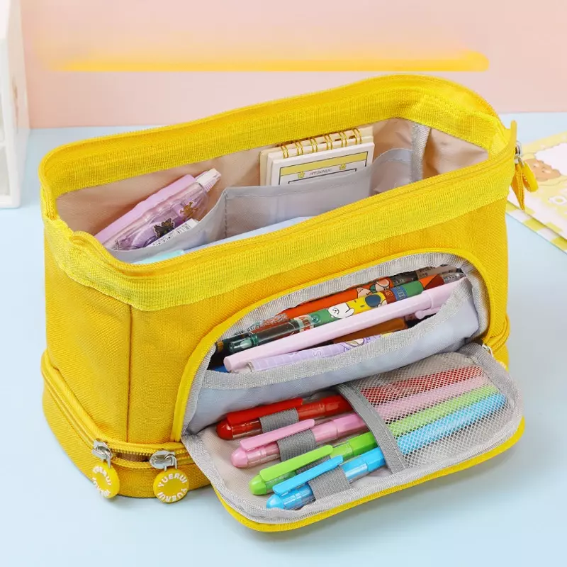Kotak pensil kapasitas besar, tas alat tulis siswa sederhana multi-lapis, tas kantong pensil kanvas multifungsi