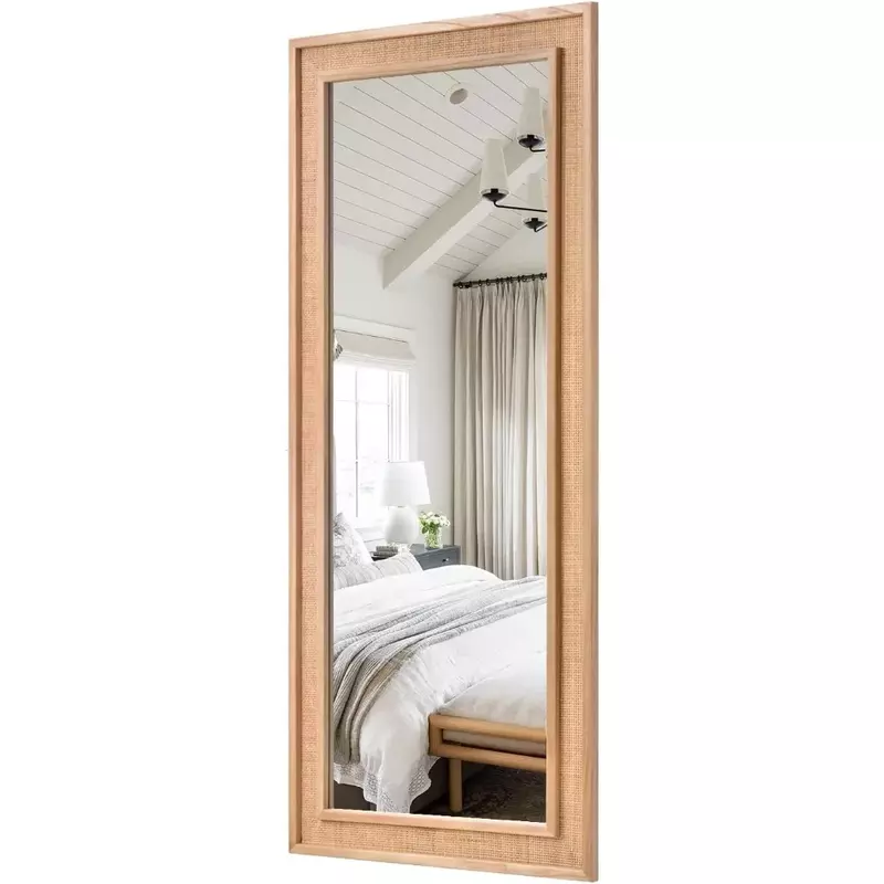 Rattan Full Length Mirror 27"x67Long Mirrors Wood Framed Large Hanging Wall Mounted Mirror Full Body Mirrors Decorative Rectangl